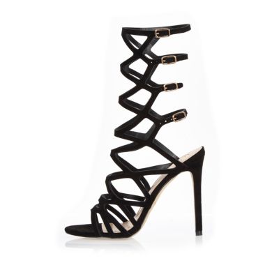 Black faux suede caged heels